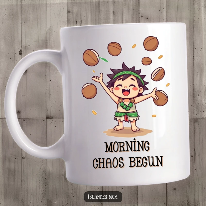 Funny Mug: A kawaii islander character happily juggles several coconuts in the air, showcasing impressive island skills and a big smile.