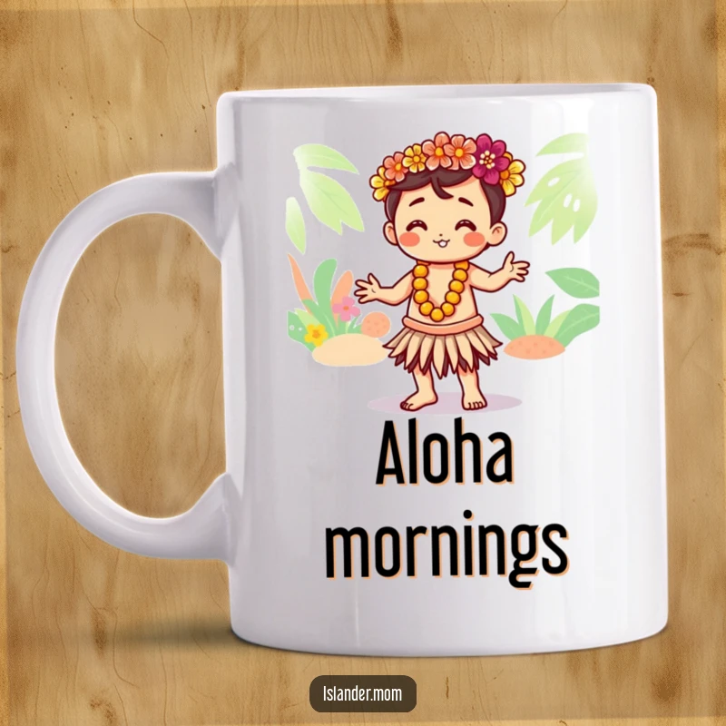 Funny mug with a cute Kawaii islander character performing a graceful hula dance with expressive hand movements, tropical fun.