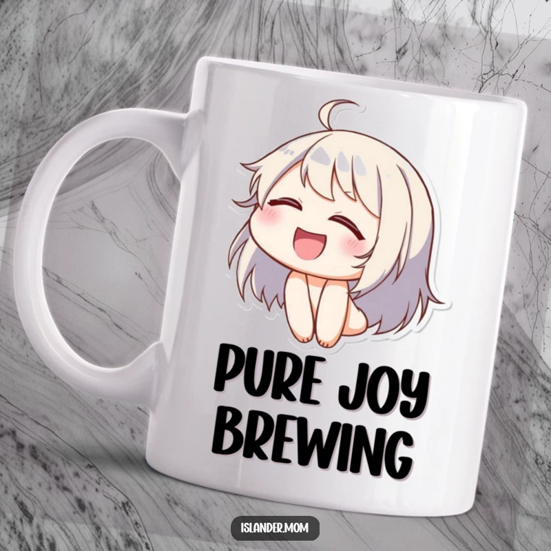 Funny ceramic mug showing a character laughing heartily with eyes closed and head tilted back, conveying unrestrained mirth and happiness.