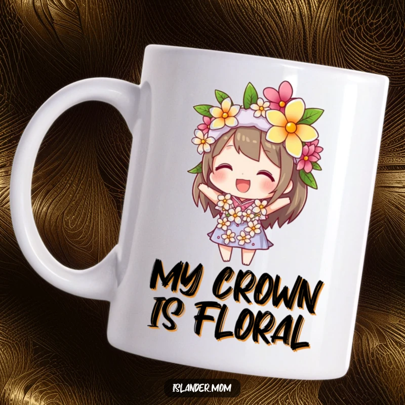 Funny mug featuring a beaming character balancing a vibrant flower lei perfectly on their head, embodying joy and tropical spirit.