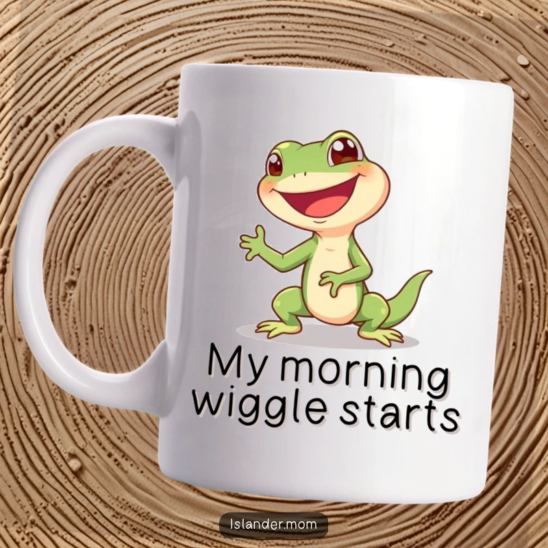 Funny Lizard Mug: A giggling lizard does a happy shimmy with a wide, infectious grin, exuding pure joy and silliness.