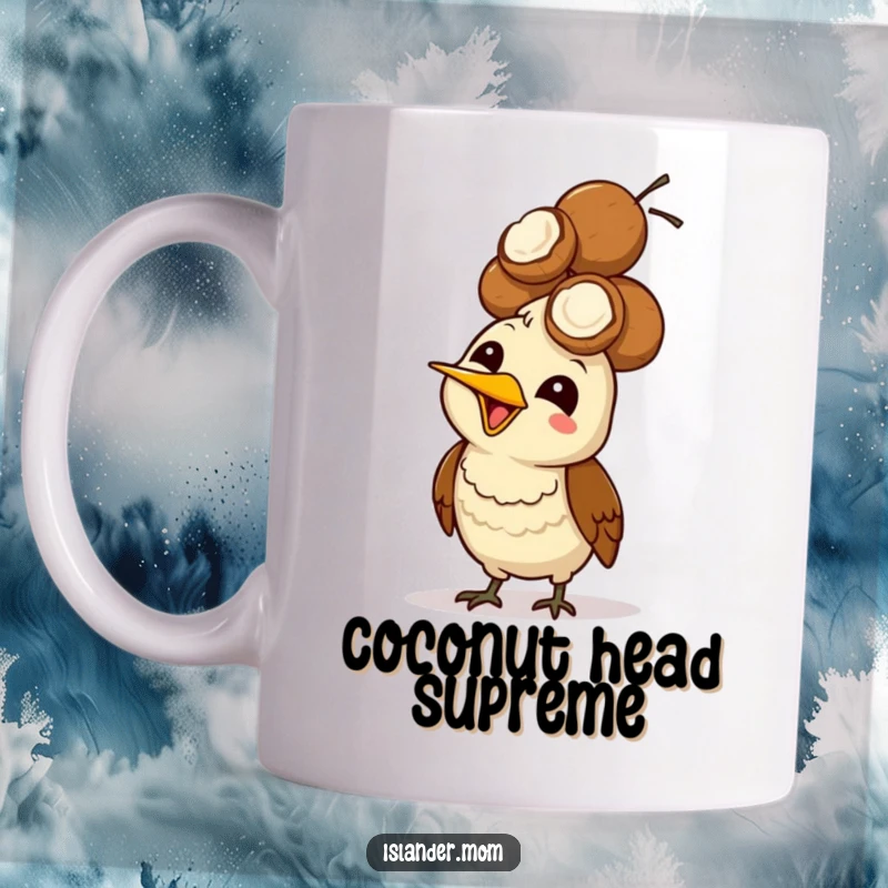 Funny Mama Bird Coconut Head Mug: A mama bird giggles while balancing a large pile of coconuts on its head.
