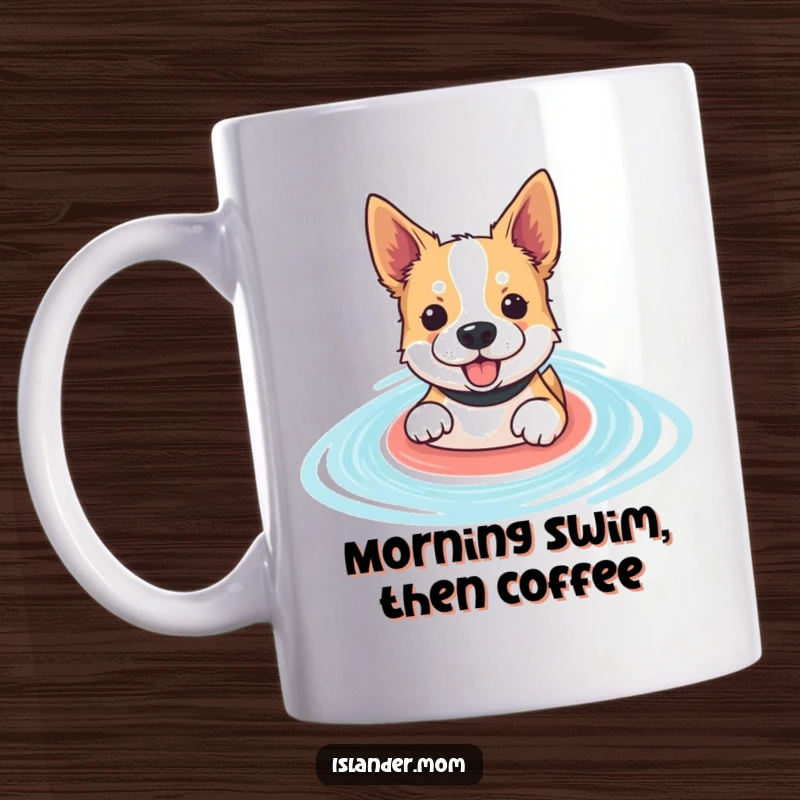 Funny paddling dog mug featuring an enthusiastic dog joyfully swimming in a serene blue lagoon, capturing pure water fun.