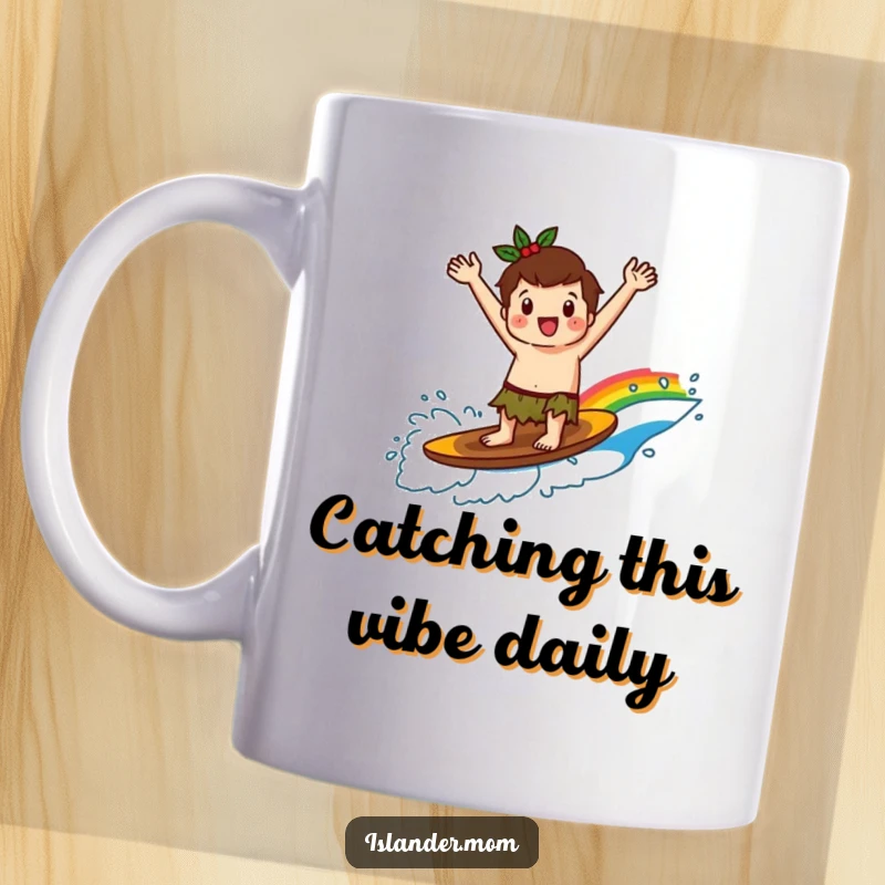 Funny kawaii islander character joyfully surfing a vibrant rainbow wave, arms outstretched in ecstatic glee, perfect for beach lovers.