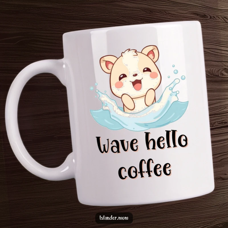 Funny mug depicting a joyful animal character gleefully splashing in calm ocean waves, embodying carefree fun and water play.