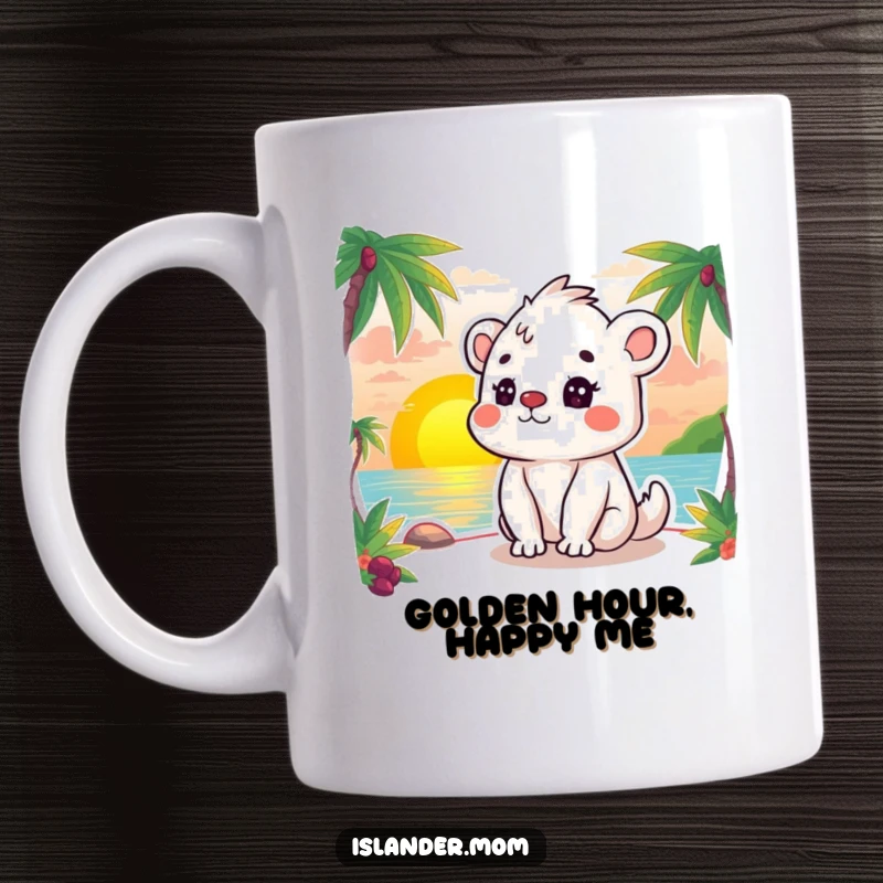 Funny mug showing a cute kawaii islander animal with closed eyes gazing peacefully at a vibrant ocean sunset.