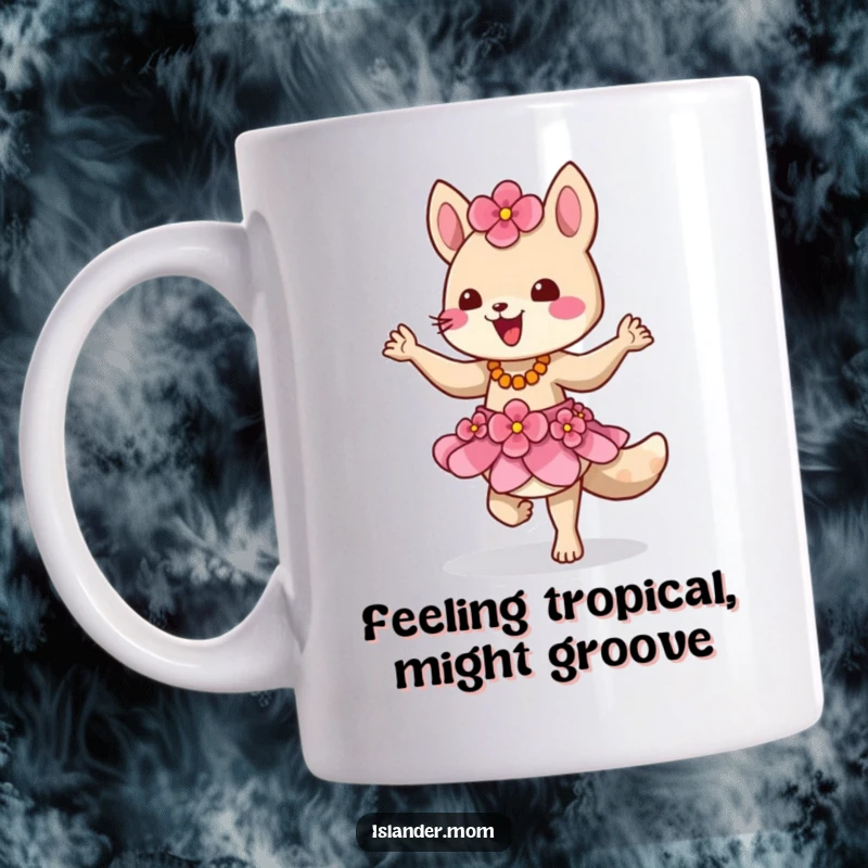 Funny mug featuring a cheerful island animal character in a vibrant flower skirt, joyfully dancing with a tropical vibe.