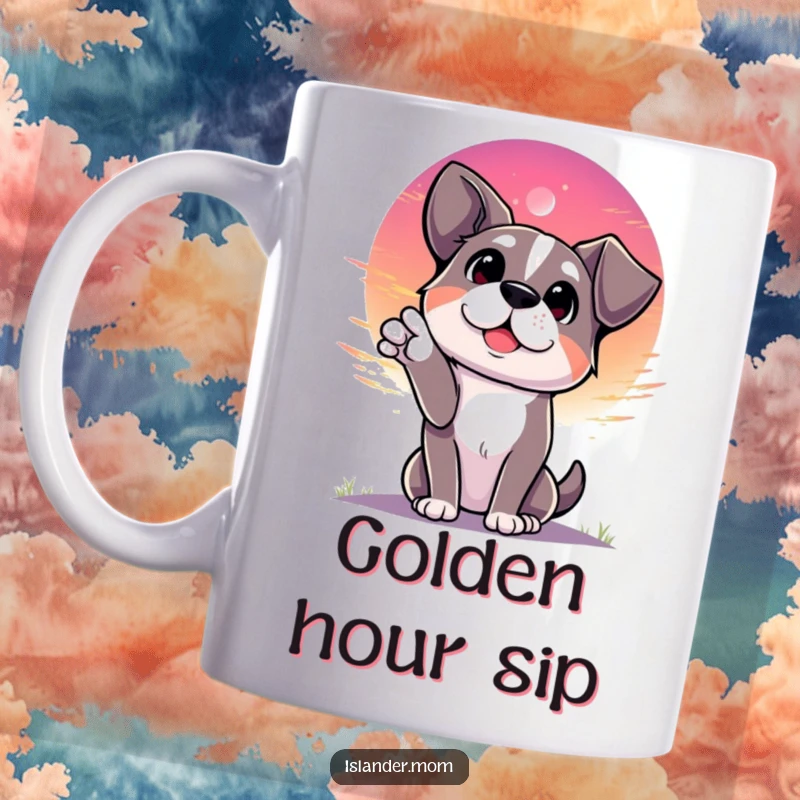 Funny dog gesturing towards a vibrant sunset with a look of awe and wonder, perfect for dog lovers.