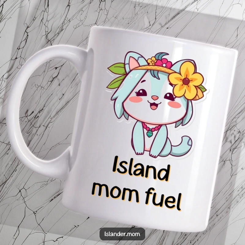 Funny Islander Mom Mug featuring a cheerful animal figure with a flower tucked behind her ear, embodying island vibes.