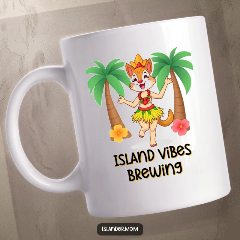 Funny Islander Mom Mug, wearing a grass skirt and dancing with pure delight, radiating tropical happiness.
