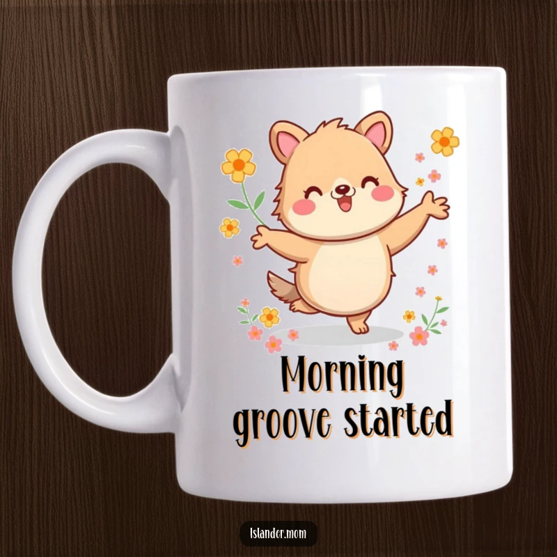 Funny Mug: Kawaii islander animal dancing energetically amongst flowers, radiating happiness and a love for movement.