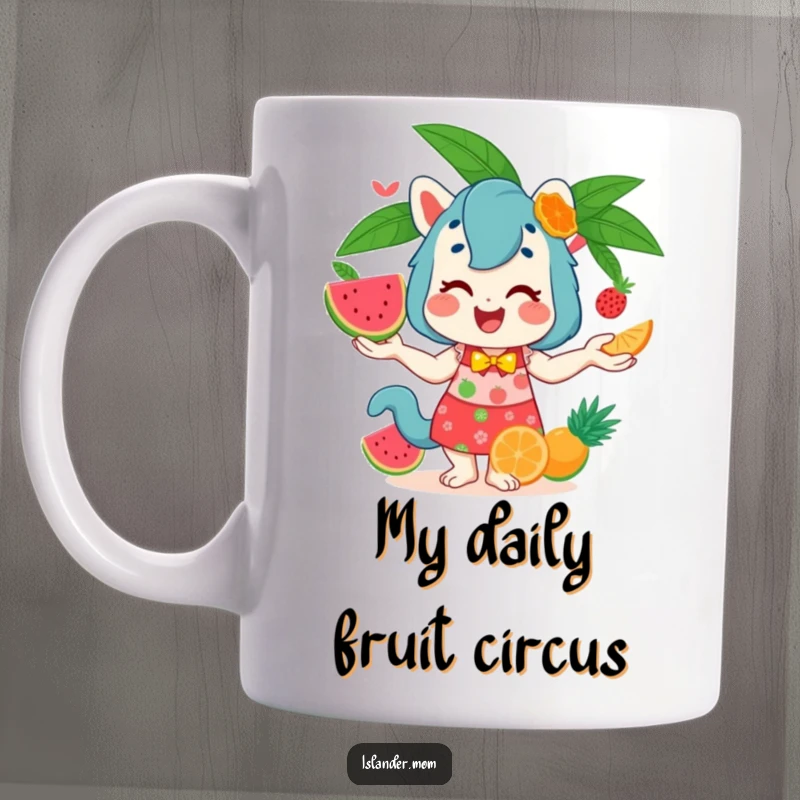 Funny Mug featuring an islander mom animal skillfully juggling colorful tropical fruits with a cheerful smile, embodying a busy yet happy mom.