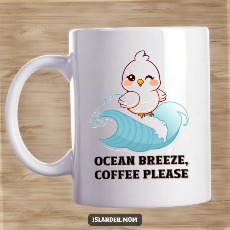 Funny mama bird winking and riding a wave on a mug. Perfect humorous beach-themed gift for bird watchers.