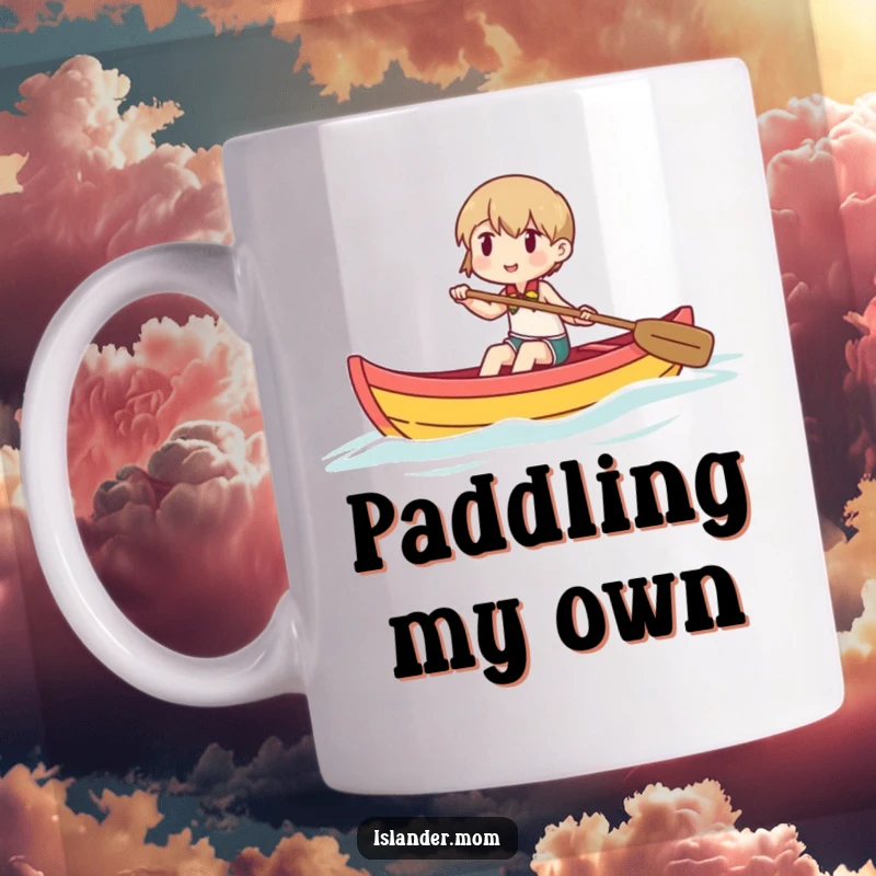 Funny ceramic mug showing a character joyfully paddling a vibrant, small outrigger canoe, conveying a sense of peaceful adventure.