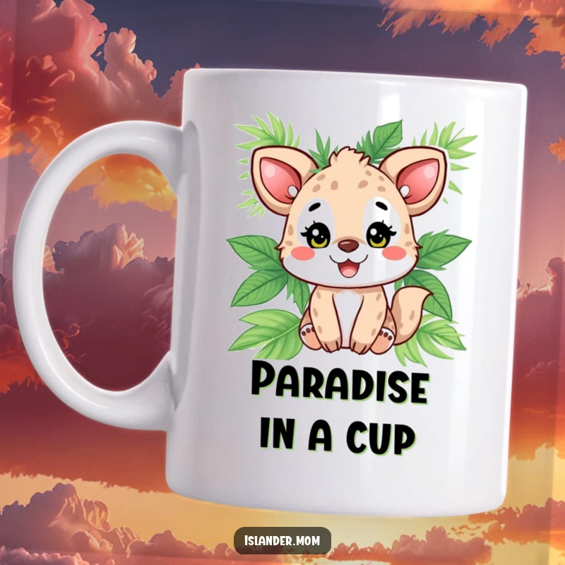 Funny animal character beaming with delight, adorned with lush palm leaves, embodying tropical happiness and good vibes on a mug.