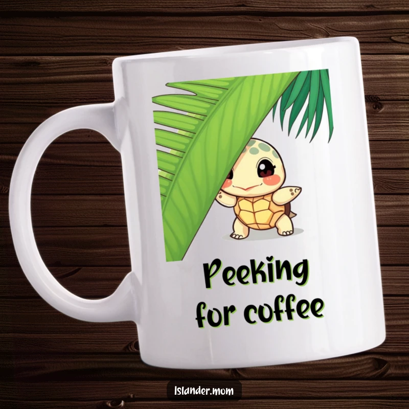 Funny curious turtle mug, peeking from behind a palm leaf, evoking a sense of gentle wonder and island charm.