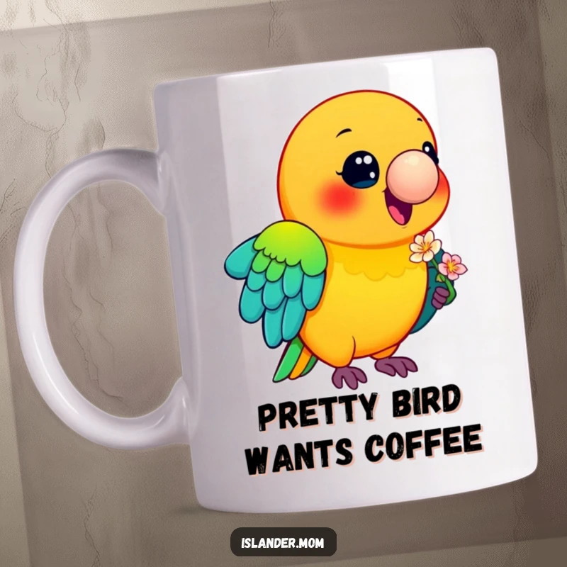 Funny Parrot Mug: A smiling parrot with stunningly colorful feathers gently holds a small flower in its beak, radiating charm.
