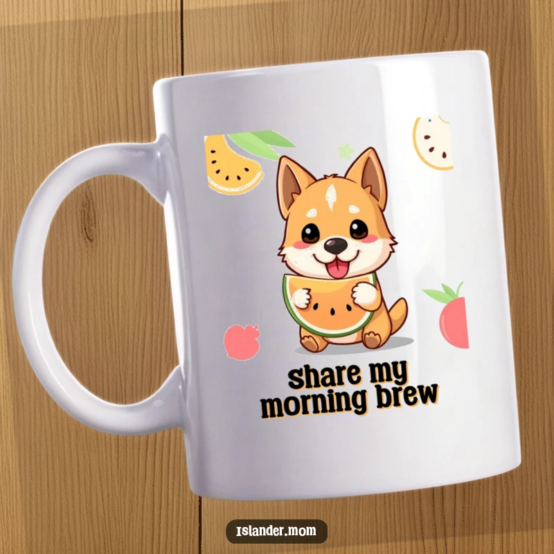 Funny tropical fruit dog mug showing a friendly dog offering a slice of fruit, embodying hospitality and island welcome.