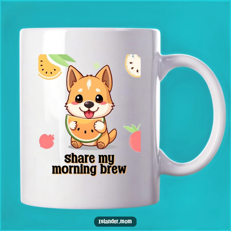 Funny Tropical Fruit Dog Mug - Welcoming Pup Offering Treat, Island Gift