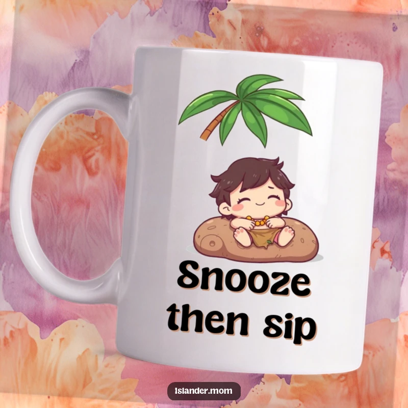 Funny Mug: A kawaii islander character relaxes happily under a palm tree, eyes closed in pure bliss and tranquility.
