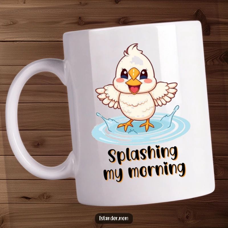 Funny Mama Bird Lagoon Splash Mug: A mama bird with a wide smile happily splashes water with its feet in a lagoon.