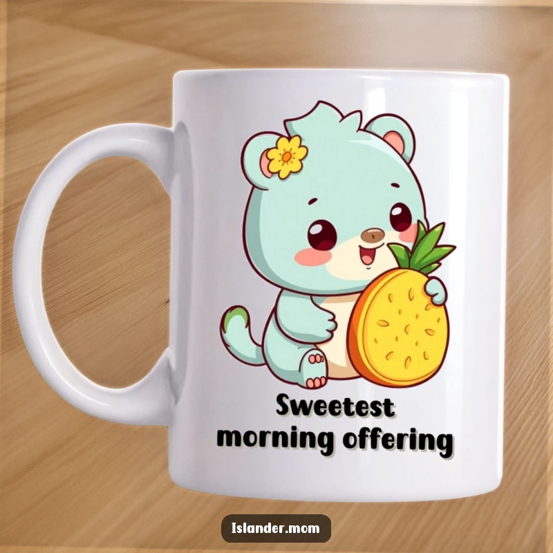 Funny Mug: Kawaii islander animal with a warm smile offers a pineapple slice, embodying tropical hospitality and sweetness.
