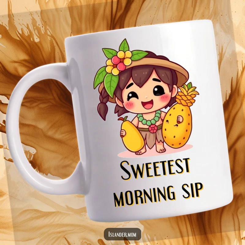 Funny Mug: A kawaii islander character beams with pure joy while holding a ripe tropical fruit, embodying sweet island vibes.