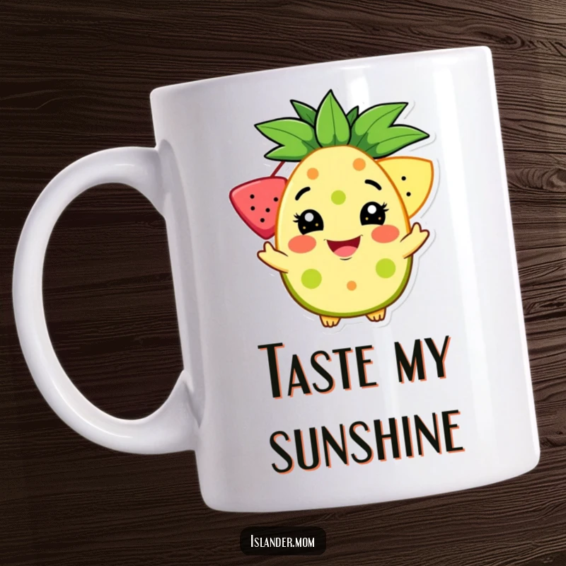 Funny mug depicting a character with a wide, welcoming grin offering a vibrant tropical fruit, radiating hospitality and joy.