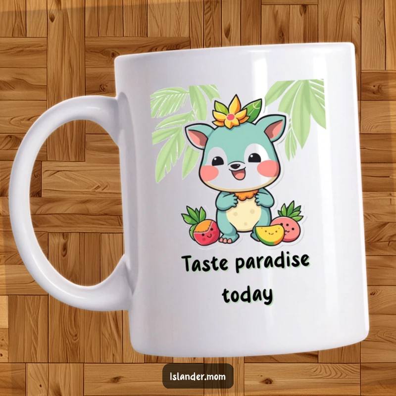 Funny mug with a friendly island animal character generously offering a colorful tropical fruit with a welcoming smile.