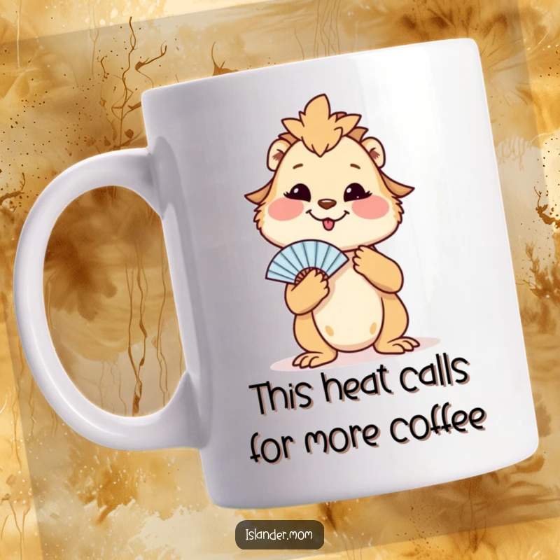 Funny mug with a smiling islander mom animal contentedly fanning herself, evoking warmth and relaxation.