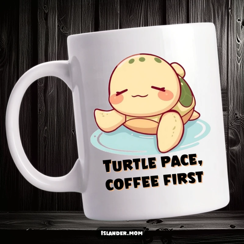 Funny Sea Turtle Mug: A blissfully happy sea turtle with eyes closed floats peacefully on its back in serene, tranquil water.