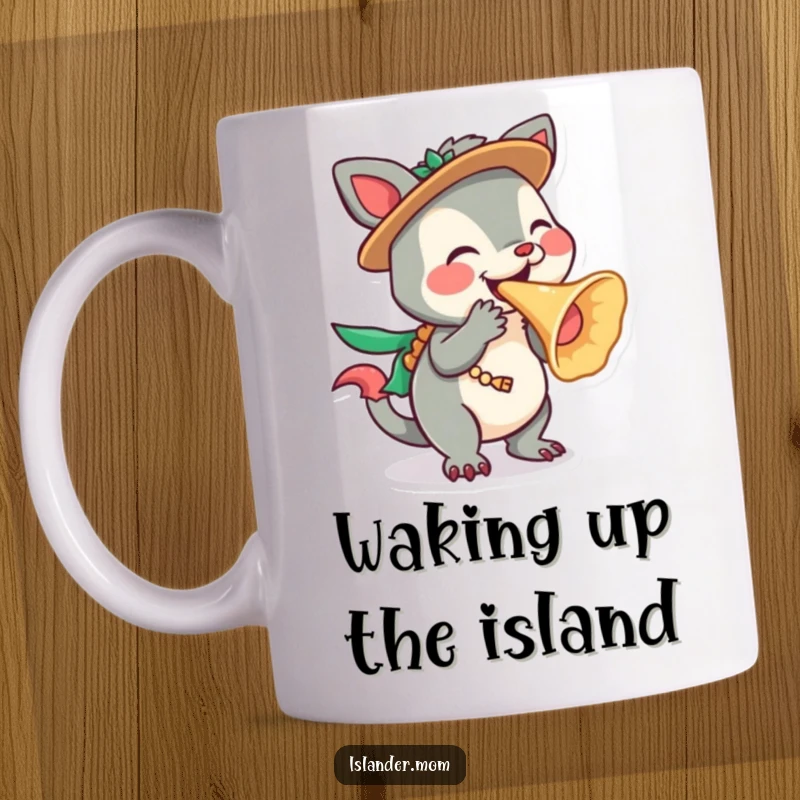 Funny Islander Animal Mug featuring a character playfully blowing a conch shell, bringing tropical sounds, an ideal funny gift.