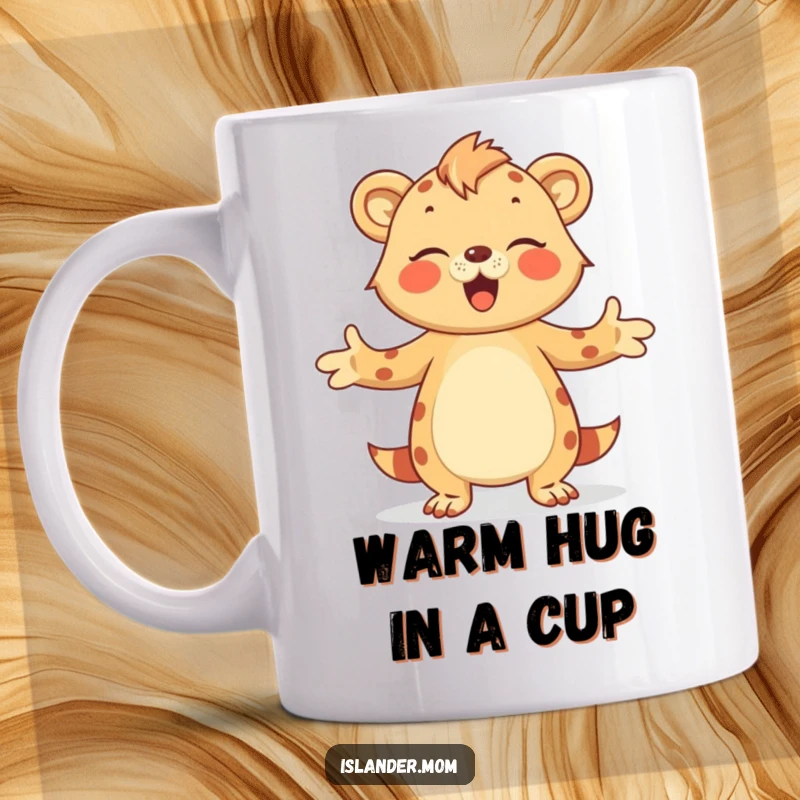 Funny Mug of an islander mom animal extending a warm, inviting hug with open arms, conveying love and comfort.