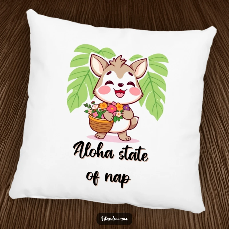 Funny Islander Animal Pillow: Soft pillow with a smiling islander carrying flowers, comfortable and funny gift.