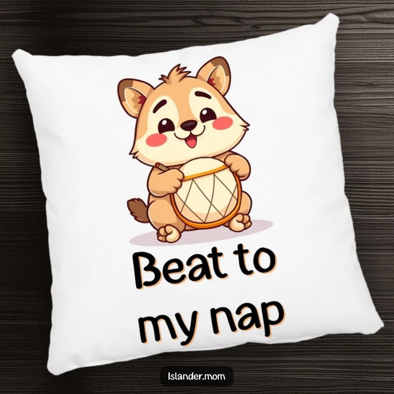 Funny Islander Drummer Pillow: Soft pillow with an excited islander playing a drum, comfortable and funny gift.