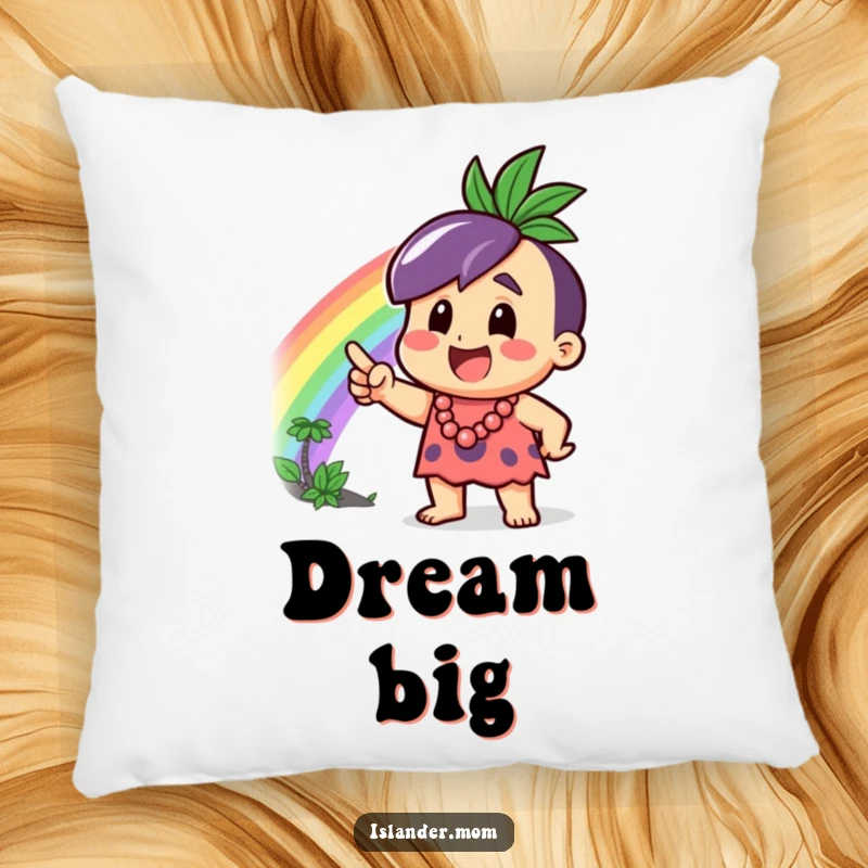 Funny Pillow featuring an excited islander character and a vibrant rainbow, adding a cheerful and soft touch to any room.