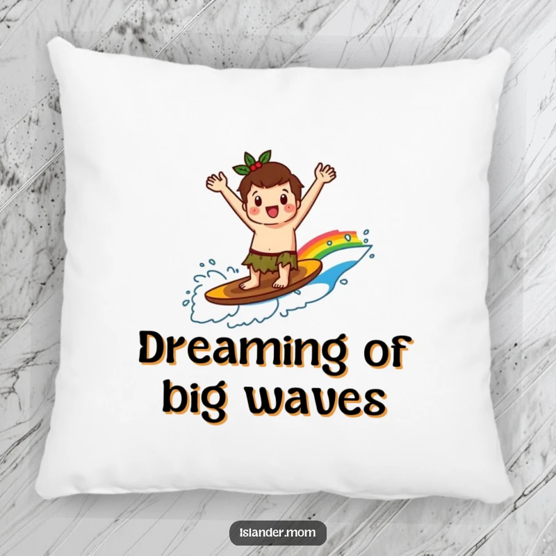 Funny kawaii islander character lounging on a plush pillow, dreaming of surfing a rainbow wave with ecstatic arms raised.