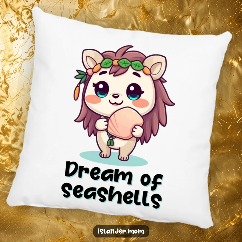 Funny pillow showcasing a cute islander animal with a beaming smile, offering a seashell, perfect for comfort.