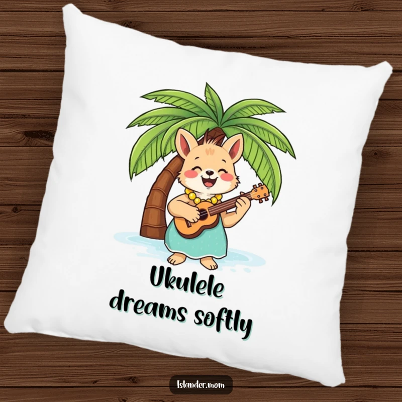 Funny Pillow with a charming islander mom animal strumming a ukulele under a palm tree, bringing tropical peace.