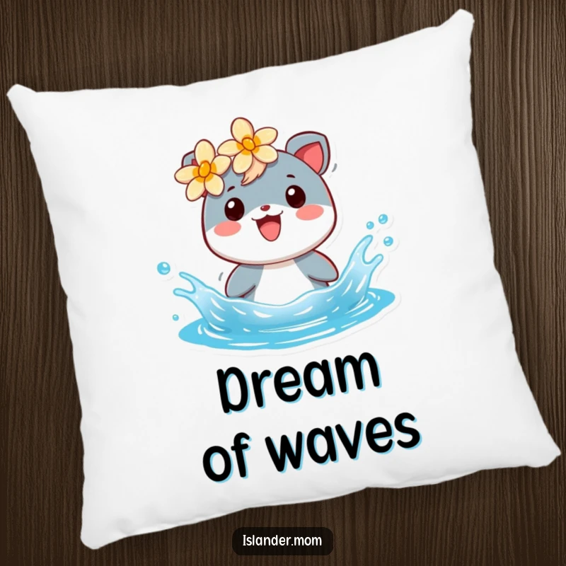 Funny pillow showcasing a cheerful islander animal with a flower, splashing in blue water, perfect for comfort.