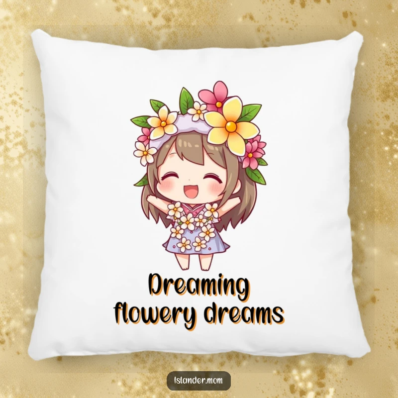 Funny pillow featuring a character with a flower lei perfectly poised on their head, offering a cheerful and cozy tropical vibe.