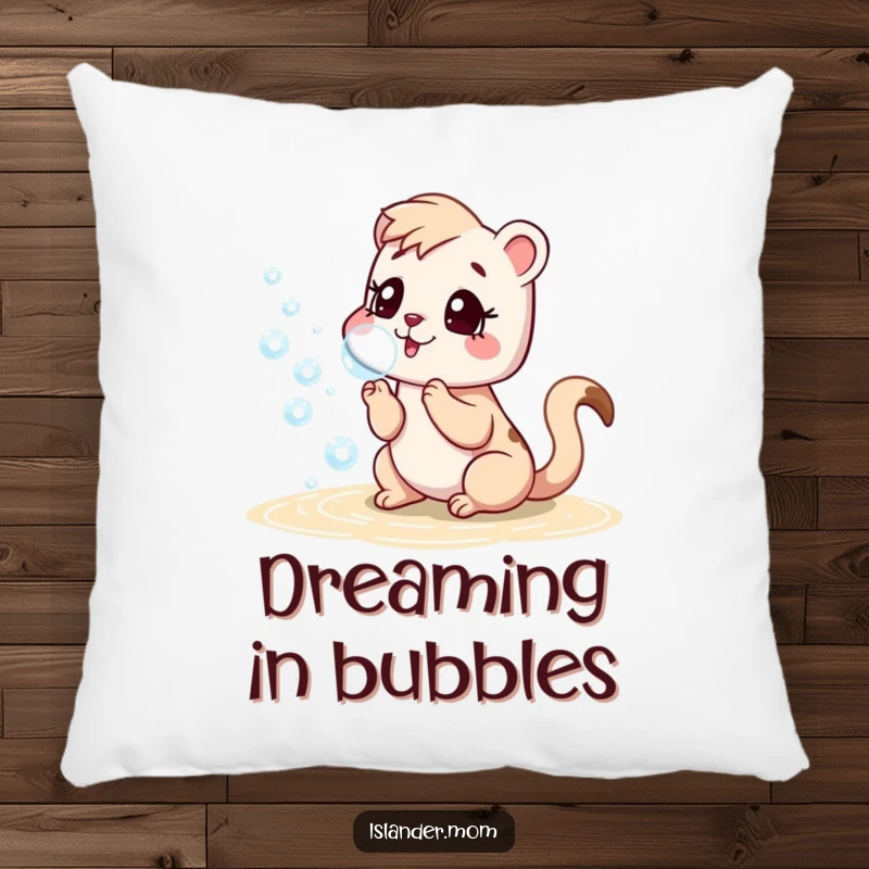 Funny pillow with an islander mom animal blowing bubbles on the beach, offering a soft, humorous, and playful accent.
