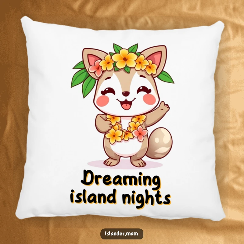 Funny pillow featuring a smiling island animal character with a flower lei, dancing with cheerful, tropical spirit.