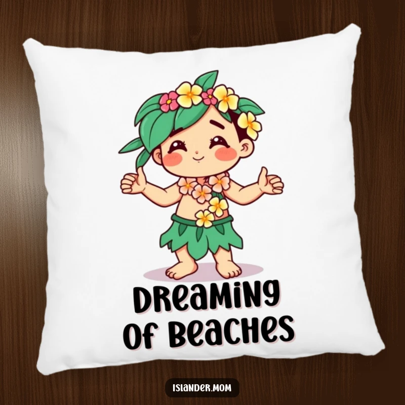 Funny Kawaii islander pillow with a character wearing a flower lei, dancing relaxed, hands free.