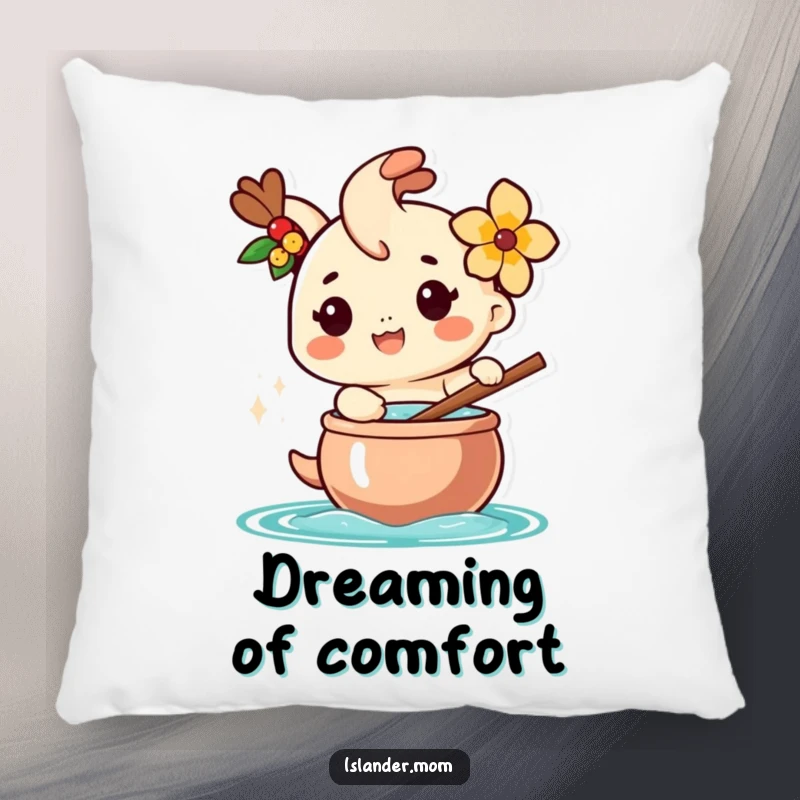 Funny pillow with a happy islander character wearing a flower, stirring a large pot, offering comfort and island-inspired humor.