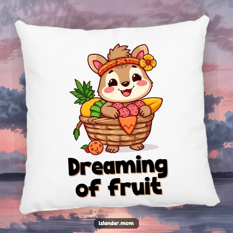 Funny pillow featuring a joyful islander animal character holding a bountiful woven basket filled with vibrant tropical fruits, perfect for cozying up.