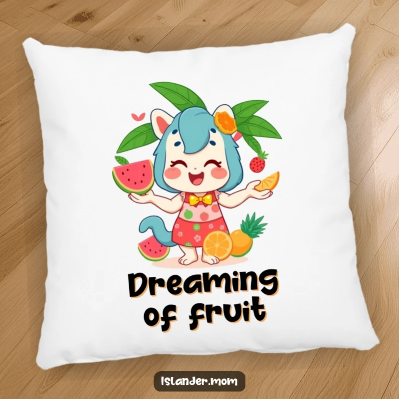 Funny Pillow with a cute islander mom animal skillfully juggling a bounty of tropical fruits, adding a pop of humor.