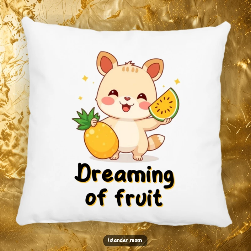 Funny pillow showcasing a happy animal character balancing and juggling tropical fruits with a delightful expression, soft and comfy.