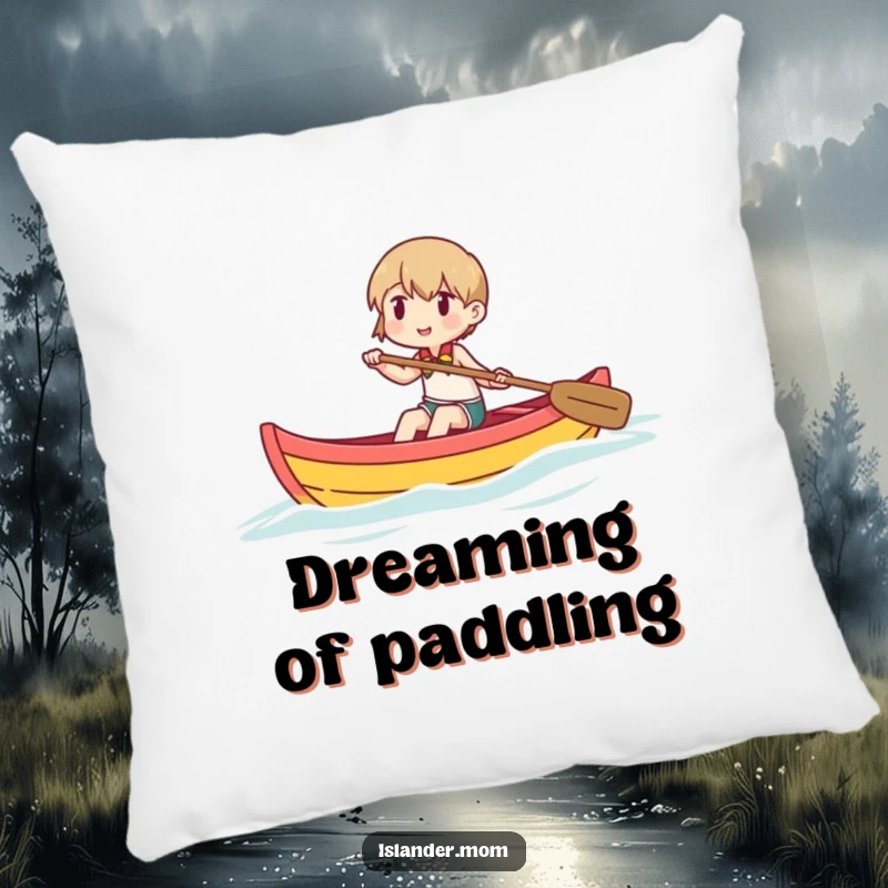 Funny decorative pillow with a character happily paddling a colorful canoe, perfect for adding a touch of escapism and comfort.