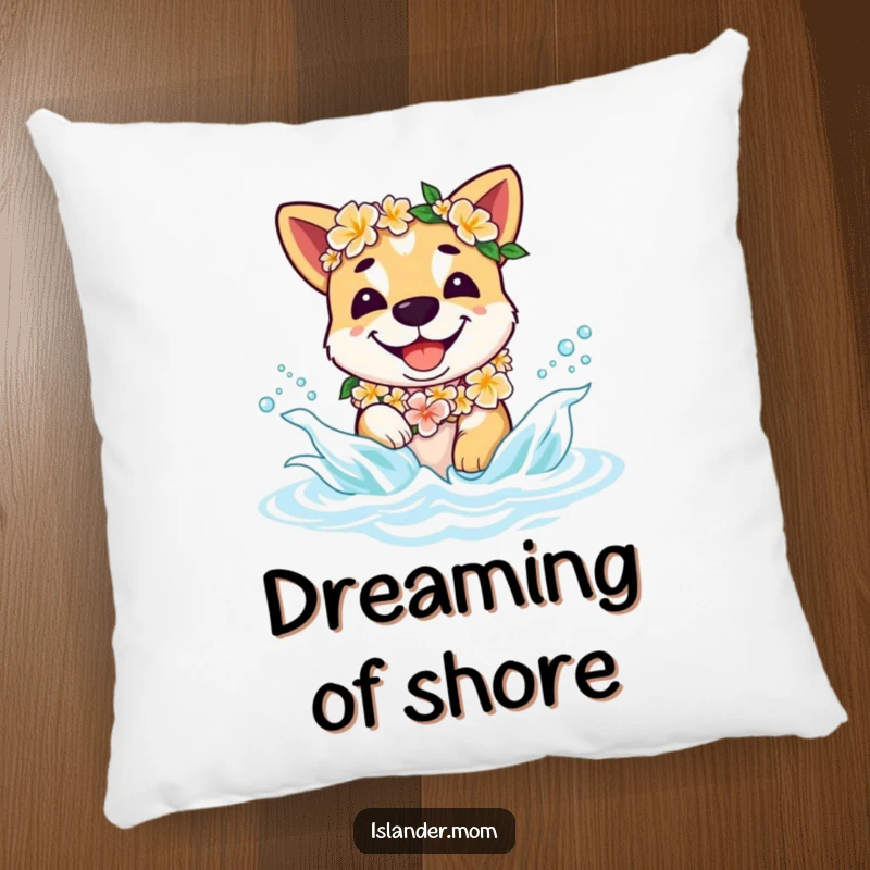 Funny islander dog pillow featuring a smiling dog wearing a lei, splashing in waves, adding comfort and humor to any room.